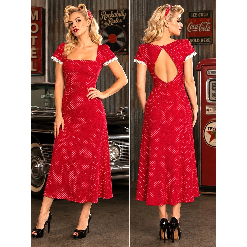 Wild Fable Maxi Midi Milkmaid Polka Dot Lace Dress Rockabilly Pin Up Retro Red M